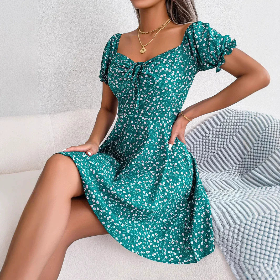 S-XL Women Casual Ruffles Short Sleeve Floral Print a Line Dress Drawstring Tied Floral Large Swing Dress