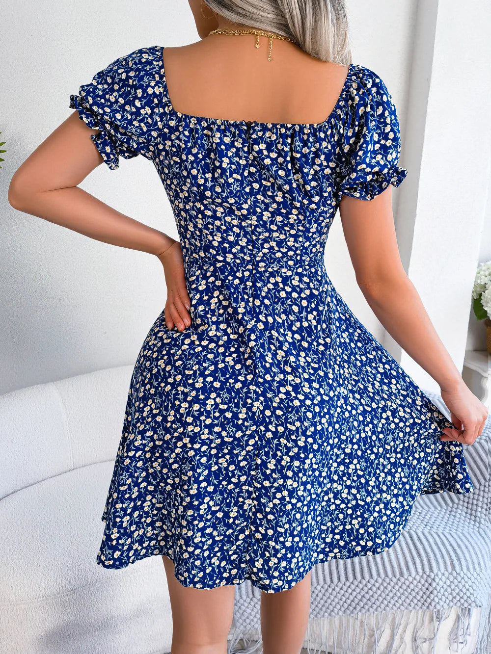 S-XL Women Casual Ruffles Short Sleeve Floral Print a Line Dress Drawstring Tied Floral Large Swing Dress