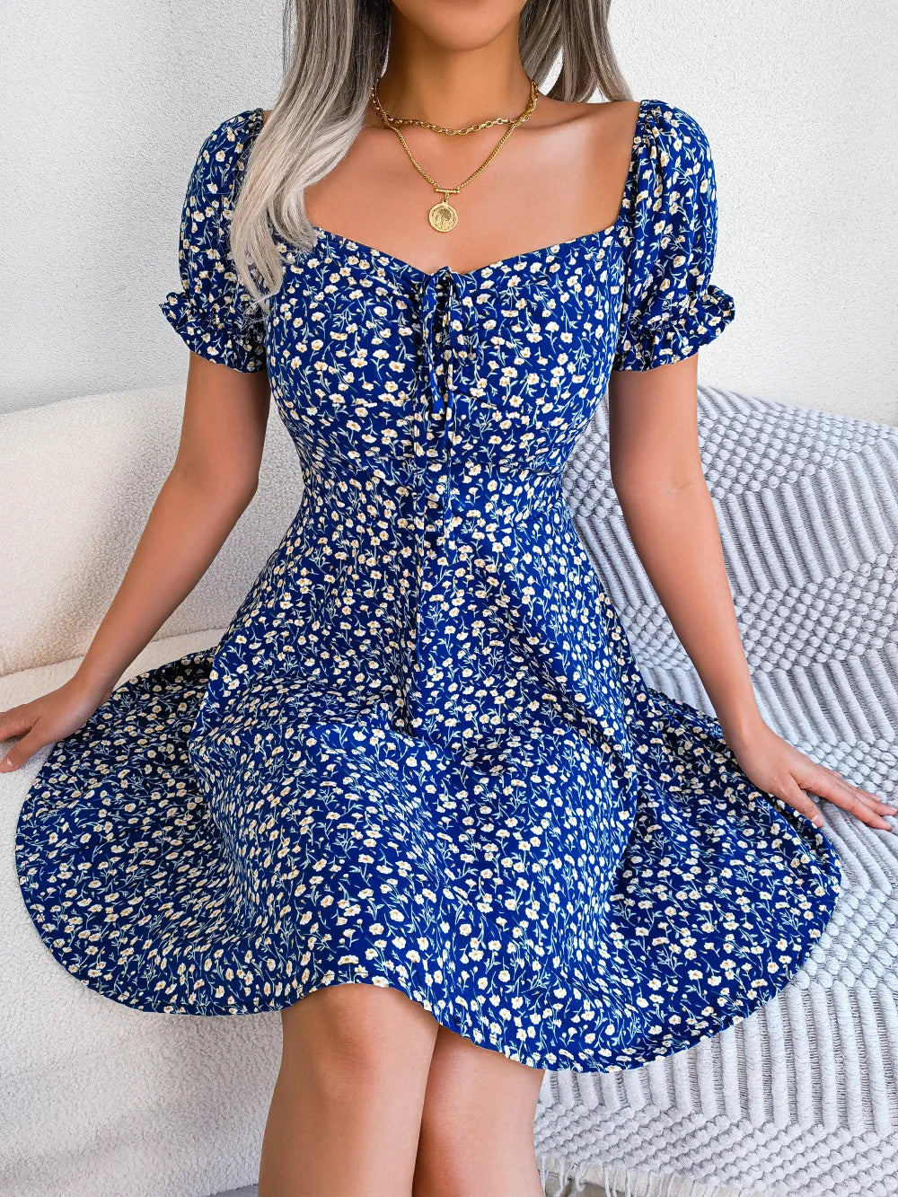 S-XL Women Casual Ruffles Short Sleeve Floral Print a Line Dress Drawstring Tied Floral Large Swing Dress
