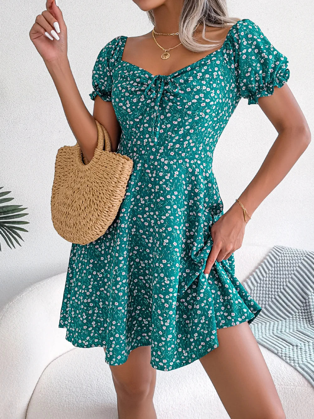 S-XL Women Casual Ruffles Short Sleeve Floral Print a Line Dress Drawstring Tied Floral Large Swing Dress