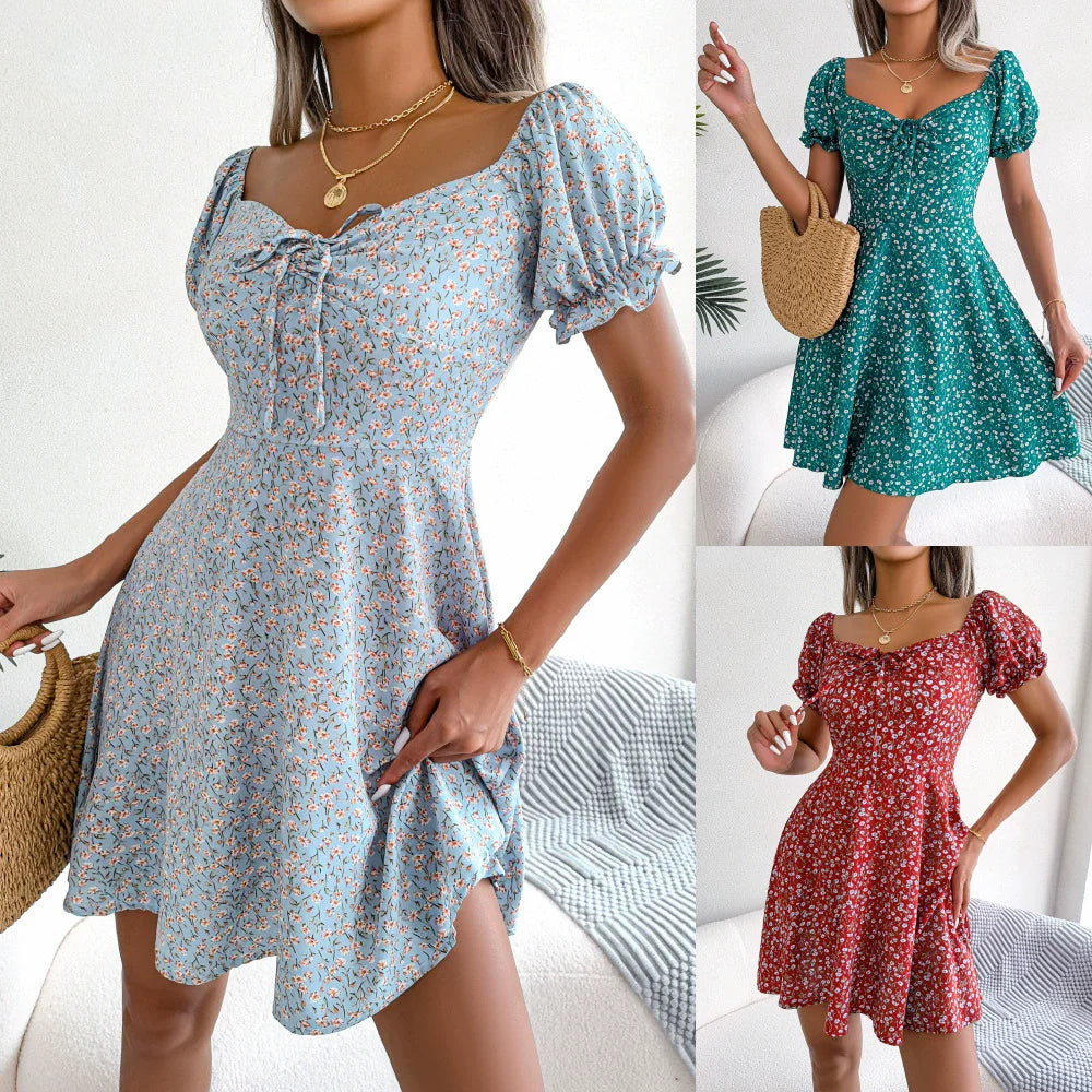 S-XL Women Casual Ruffles Short Sleeve Floral Print a Line Dress Drawstring Tied Floral Large Swing Dress