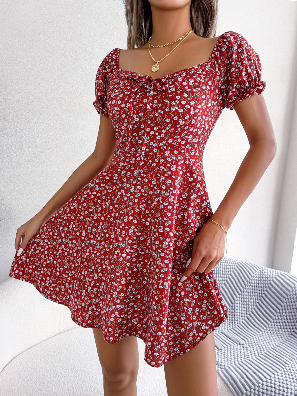 S-XL Women Casual Ruffles Short Sleeve Floral Print a Line Dress Drawstring Tied Floral Large Swing Dress
