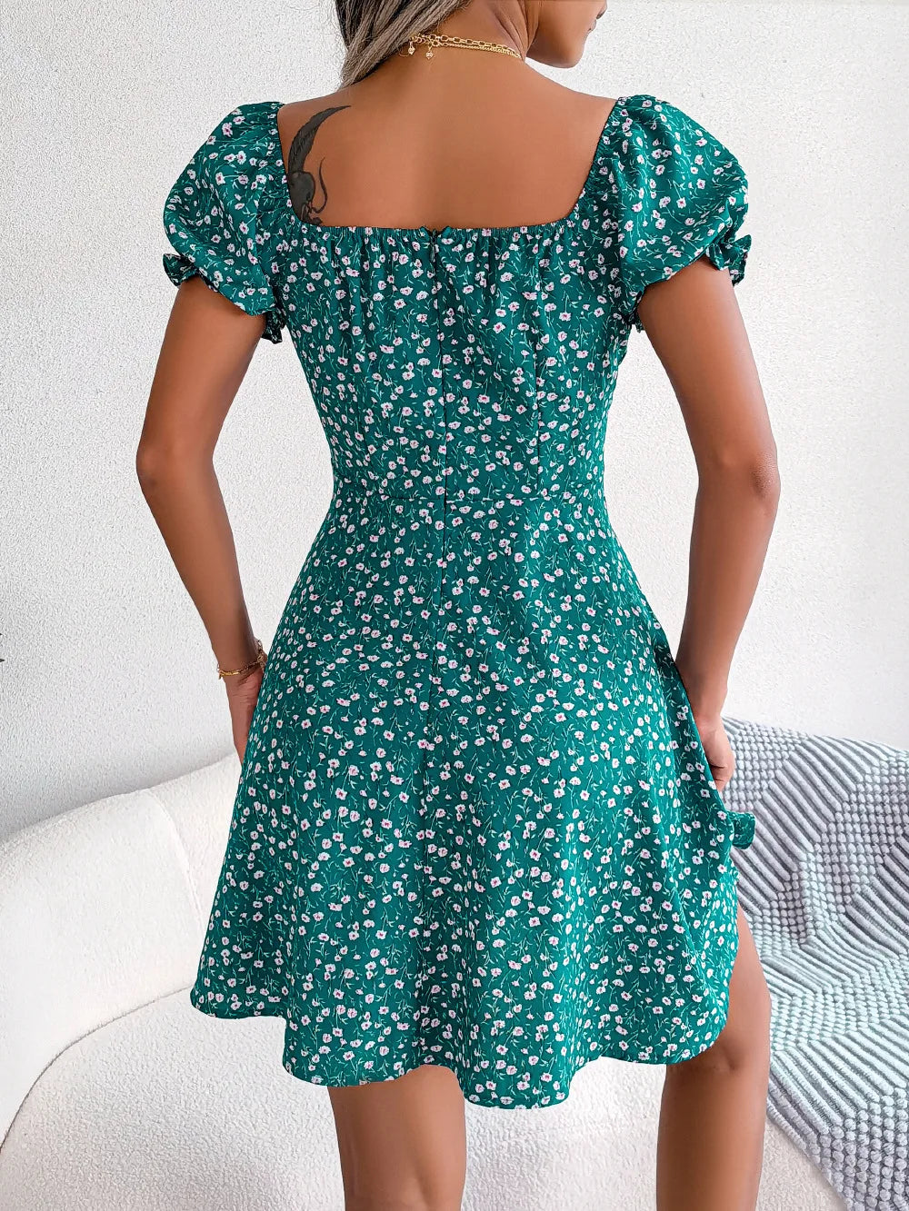 S-XL Women Casual Ruffles Short Sleeve Floral Print a Line Dress Drawstring Tied Floral Large Swing Dress