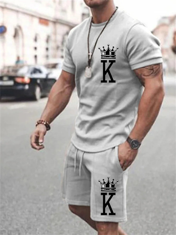 New Summer Men's Casual Suit Oversized Two-Piece Simple Casual Streetwear King Print Beach Suit Men's T-Shirt Shorts Sportswear
