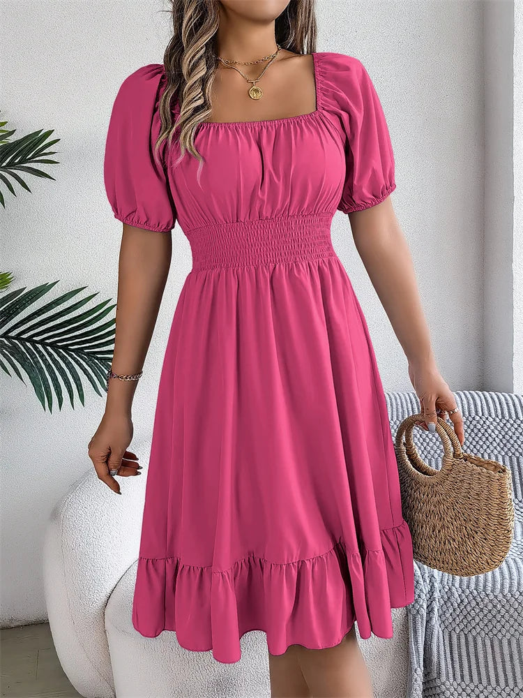 Msfilia Leisure Square Collar Spring Summer Dress Women Short Sleeve Loose Waist Design Lotus Leaf A-shaped Print Dress