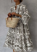 Casual Bohemian Style Print Midi Dresses Women Fashion V-neck 3/4 Sleeve Loose Shirt Dress Summer Female Beach Dress Vestidos