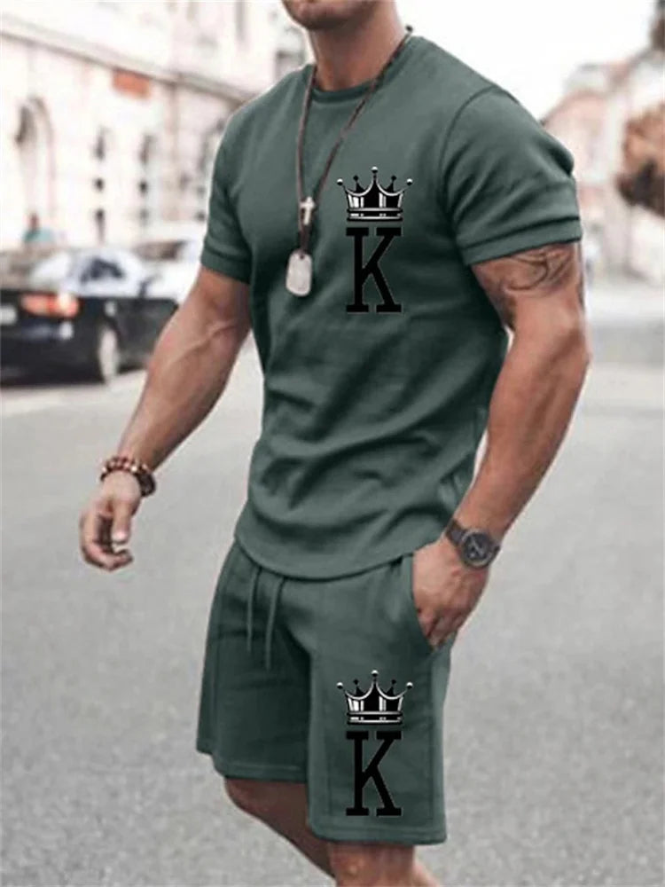 New Summer Men's Casual Suit Oversized Two-Piece Simple Casual Streetwear King Print Beach Suit Men's T-Shirt Shorts Sportswear