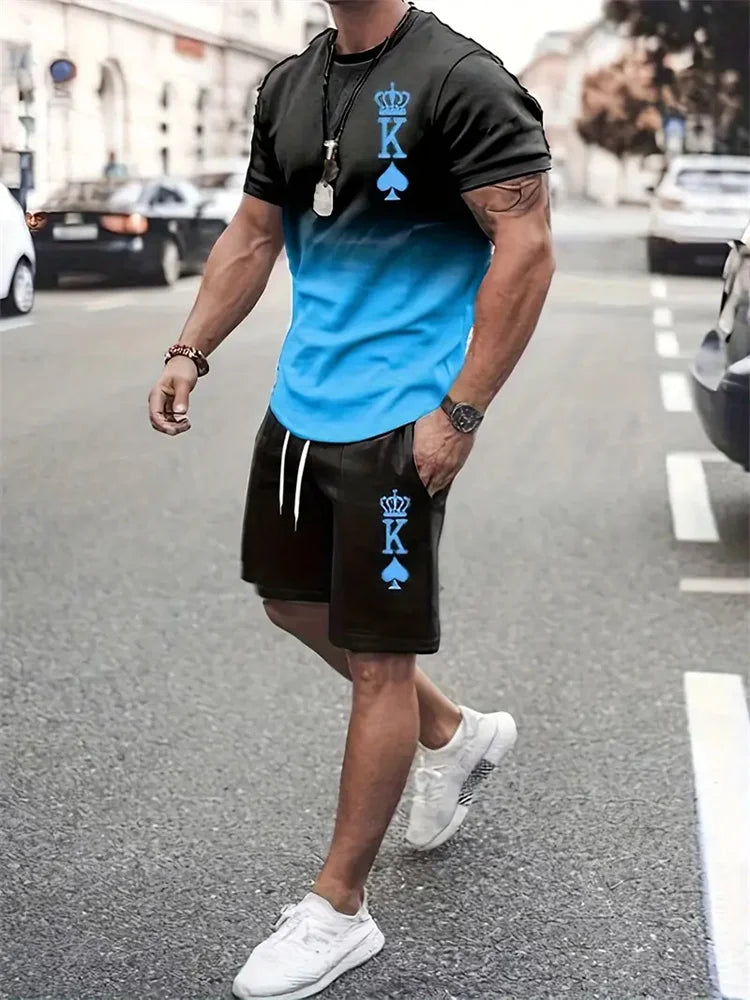 New Summer Men's Casual Suit Oversized Two-Piece Simple Casual Streetwear King Print Beach Suit Men's T-Shirt Shorts Sportswear