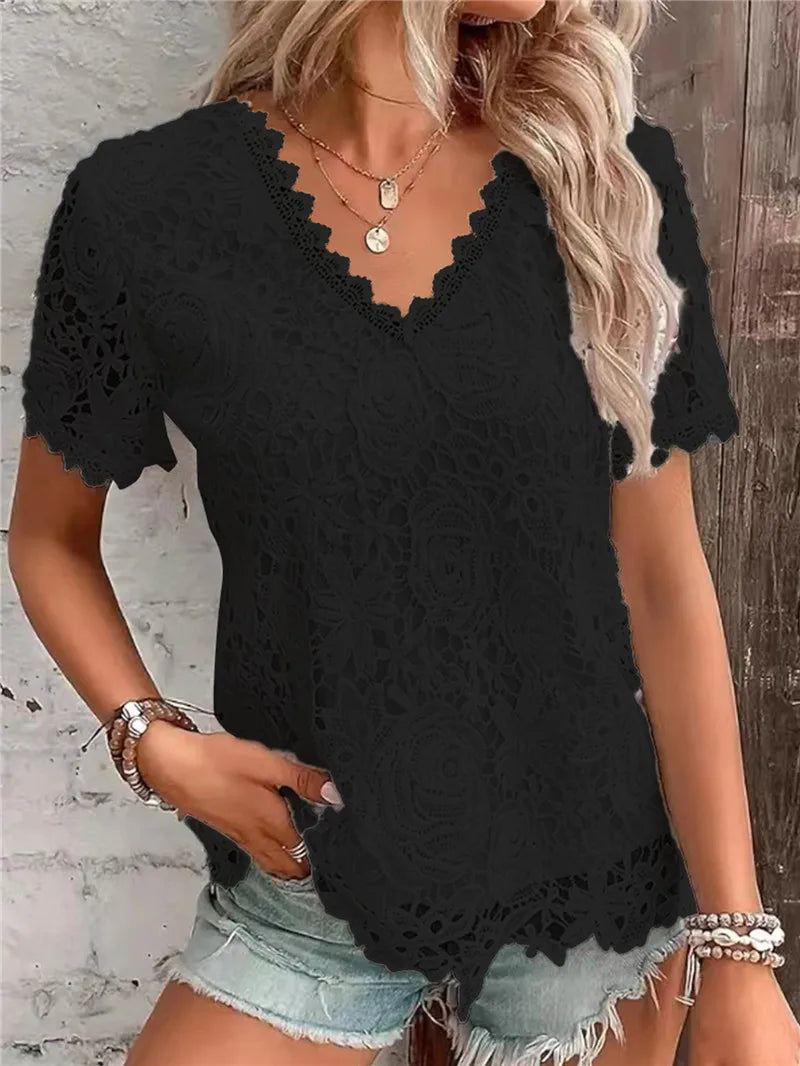 Elegant Women's Tops Lace White Shirt 2025 New Spring Summer V-neck Short Sleeve Slim Blouses Solid Office Ladies Casual Shirts