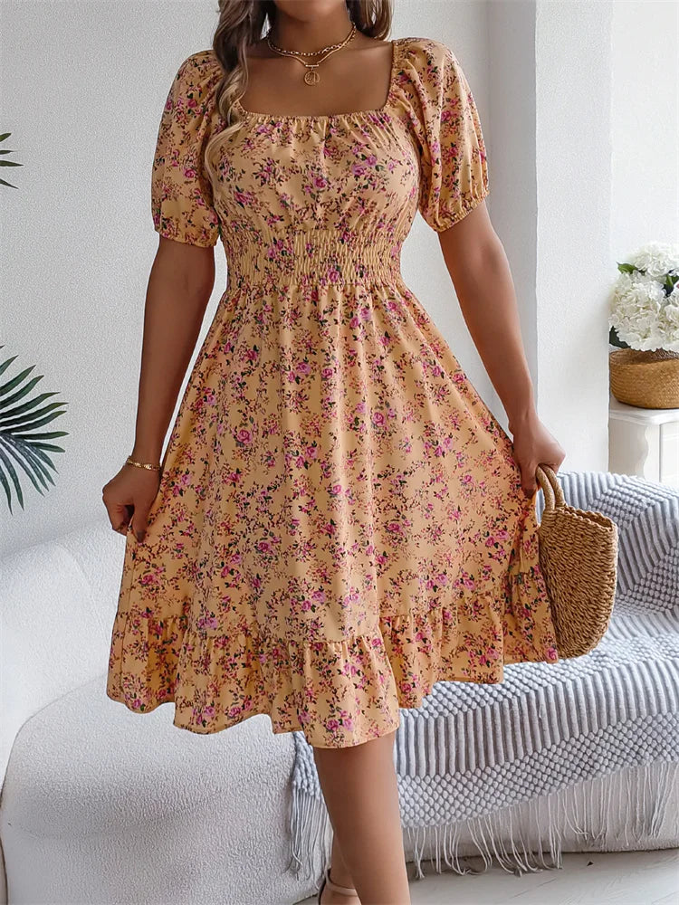 Msfilia Leisure Square Collar Spring Summer Dress Women Short Sleeve Loose Waist Design Lotus Leaf A-shaped Print Dress