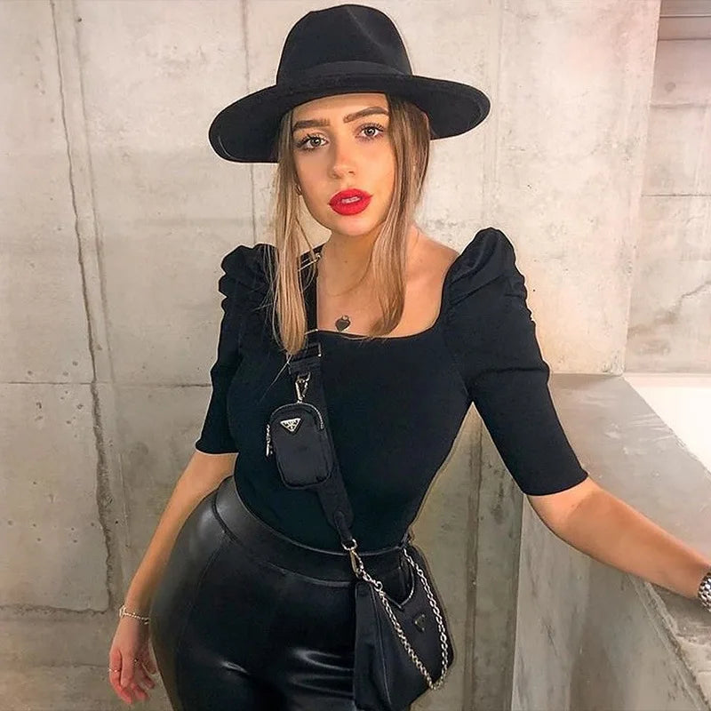 Sexy Puff Sleeve Bare Midriff Thread Knitted T Shirt Women Half Sleeves Bottoming Shirt Ladies Tee Shirt Tops Camisetas Mujer