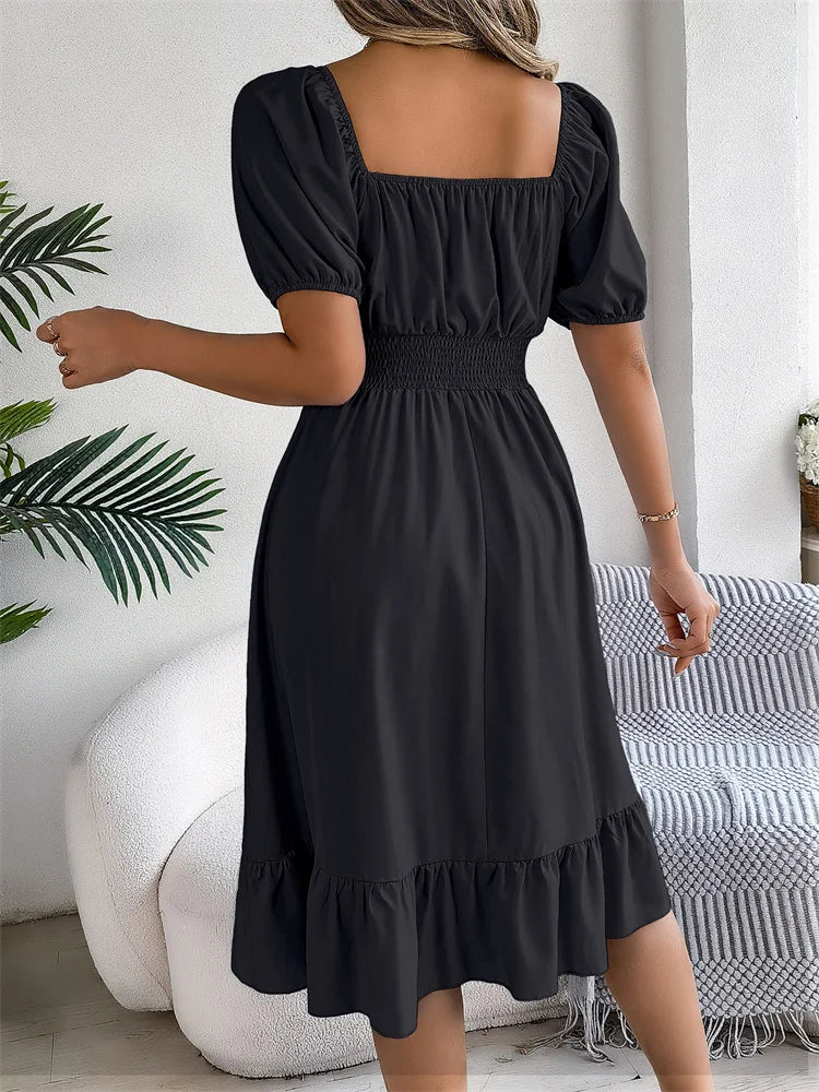 Msfilia Leisure Square Collar Spring Summer Dress Women Short Sleeve Loose Waist Design Lotus Leaf A-shaped Print Dress