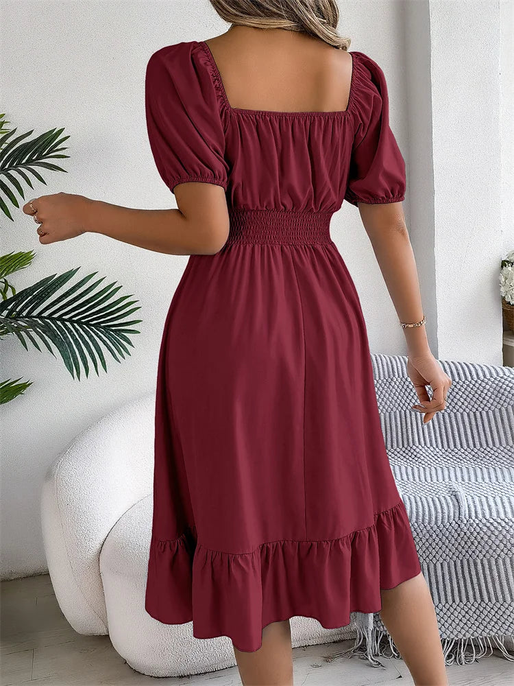 Msfilia Leisure Square Collar Spring Summer Dress Women Short Sleeve Loose Waist Design Lotus Leaf A-shaped Print Dress