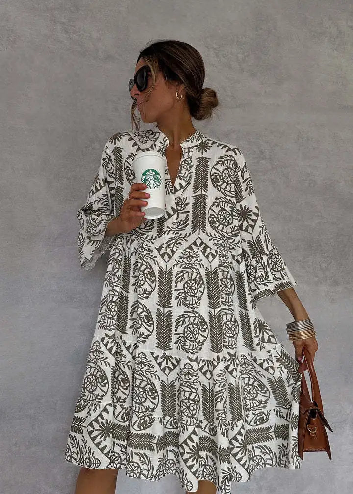 Casual Bohemian Style Print Midi Dresses Women Fashion V-neck 3/4 Sleeve Loose Shirt Dress Summer Female Beach Dress Vestidos