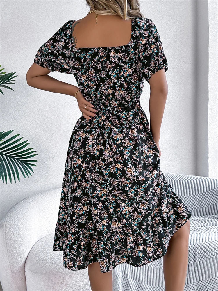 Msfilia Leisure Square Collar Spring Summer Dress Women Short Sleeve Loose Waist Design Lotus Leaf A-shaped Print Dress