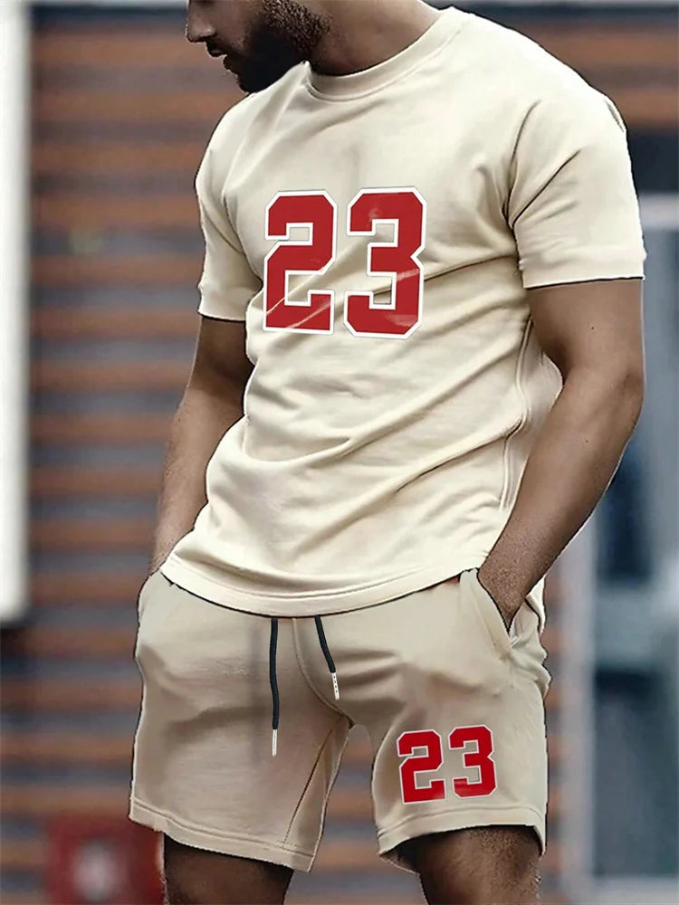Summer Men's Short Sleeve T-shirt Shorts 2-piece Set Plus Size T Shirt Clothing O-neck T-shirts Side Pocket Elastic Waist Shorts