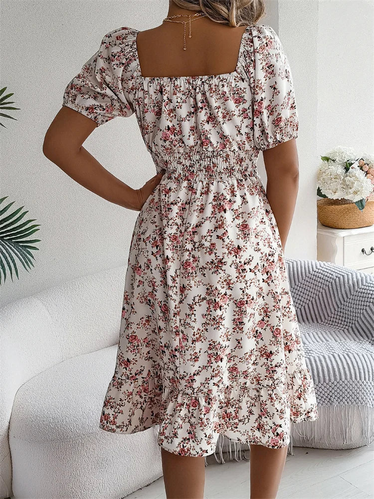 Msfilia Leisure Square Collar Spring Summer Dress Women Short Sleeve Loose Waist Design Lotus Leaf A-shaped Print Dress
