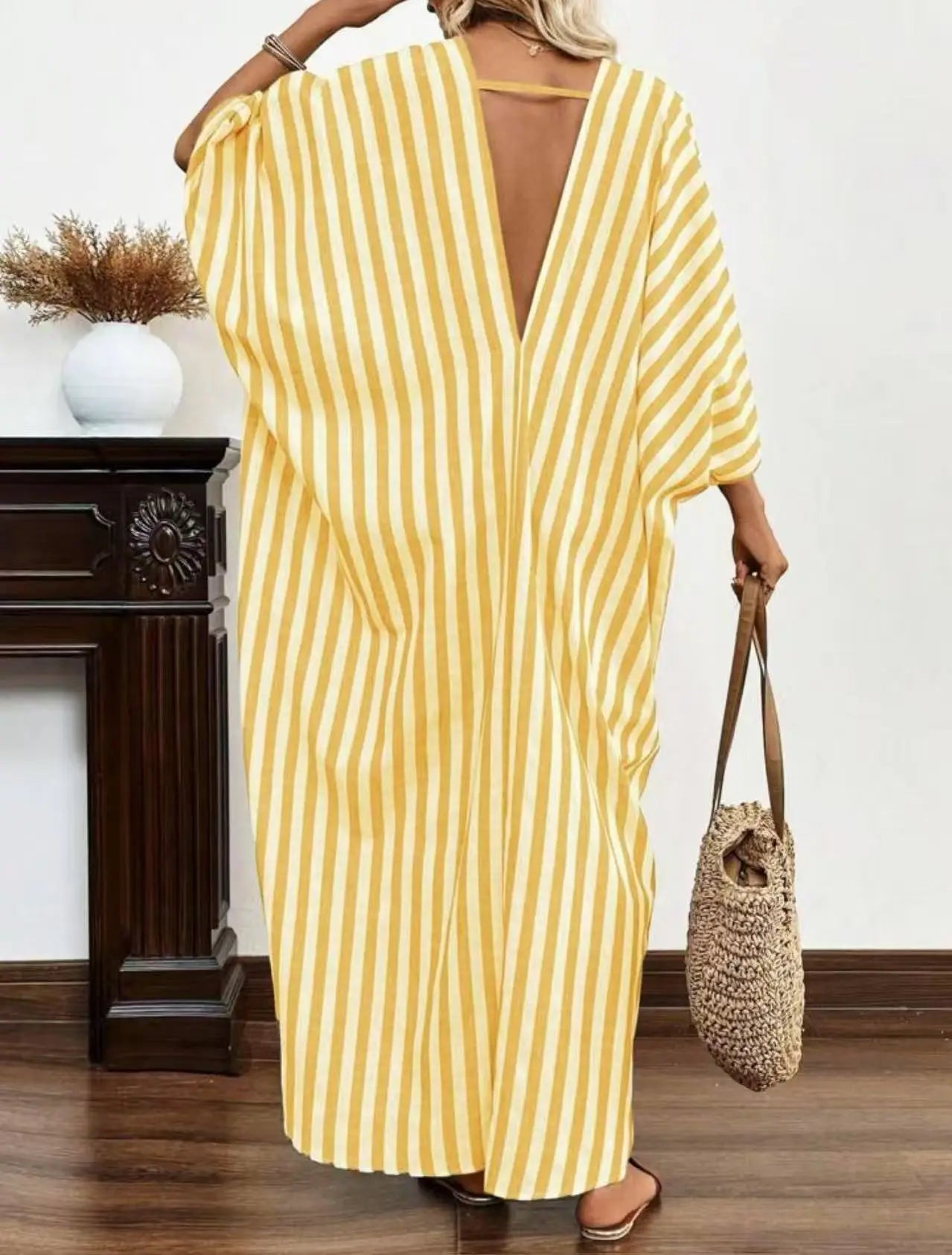 Casual Oversized Women's Dress, 2025 Summer New Sexy Deep V-neck Loose Striped Print Long Women's Dress Beach Vacation Sundress