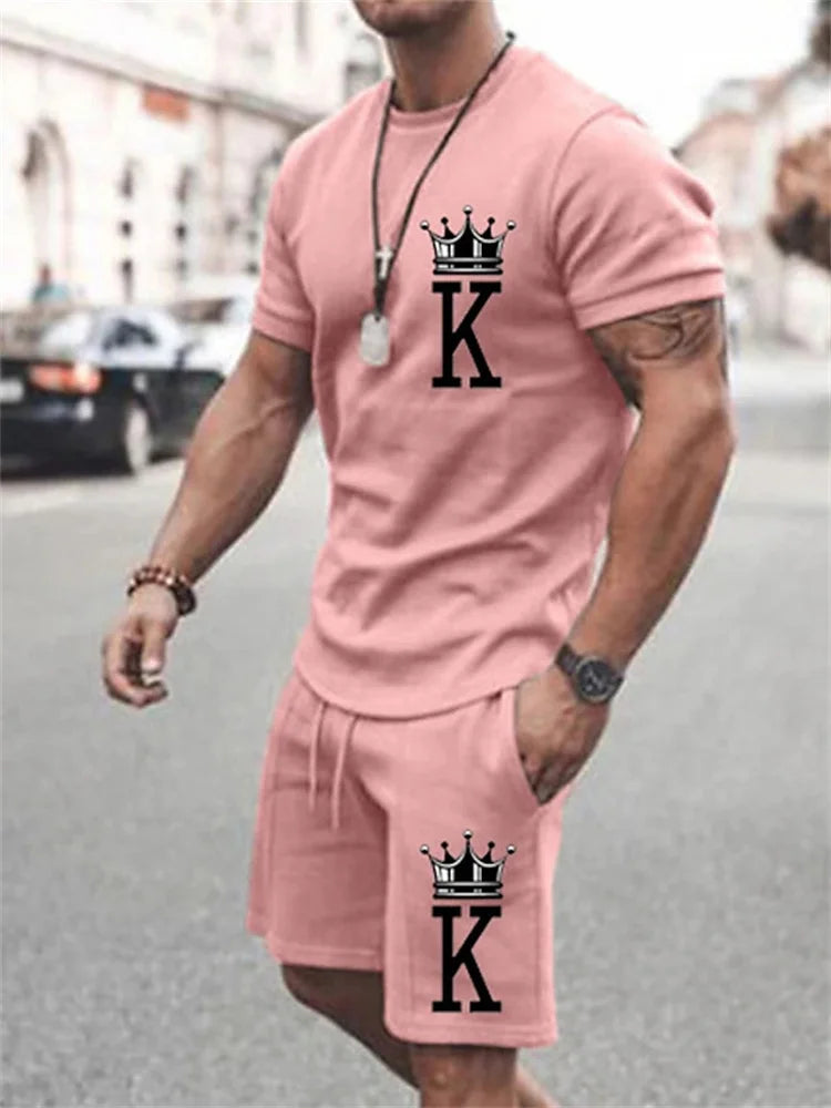 New Summer Men's Casual Suit Oversized Two-Piece Simple Casual Streetwear King Print Beach Suit Men's T-Shirt Shorts Sportswear