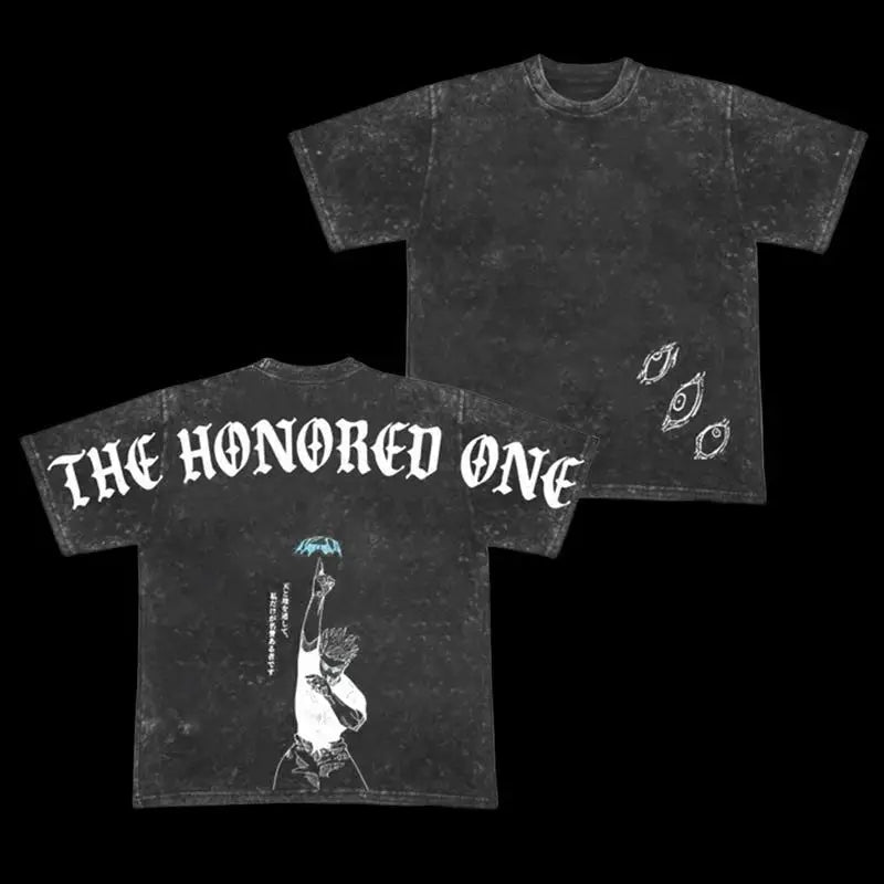 Retro Heavy Gojo Satoru  THE HONORED ONE Jujutsu Kaisen Anime Double Printed Vintage  Washed Tee Unisex Oversize Anime Manga Was