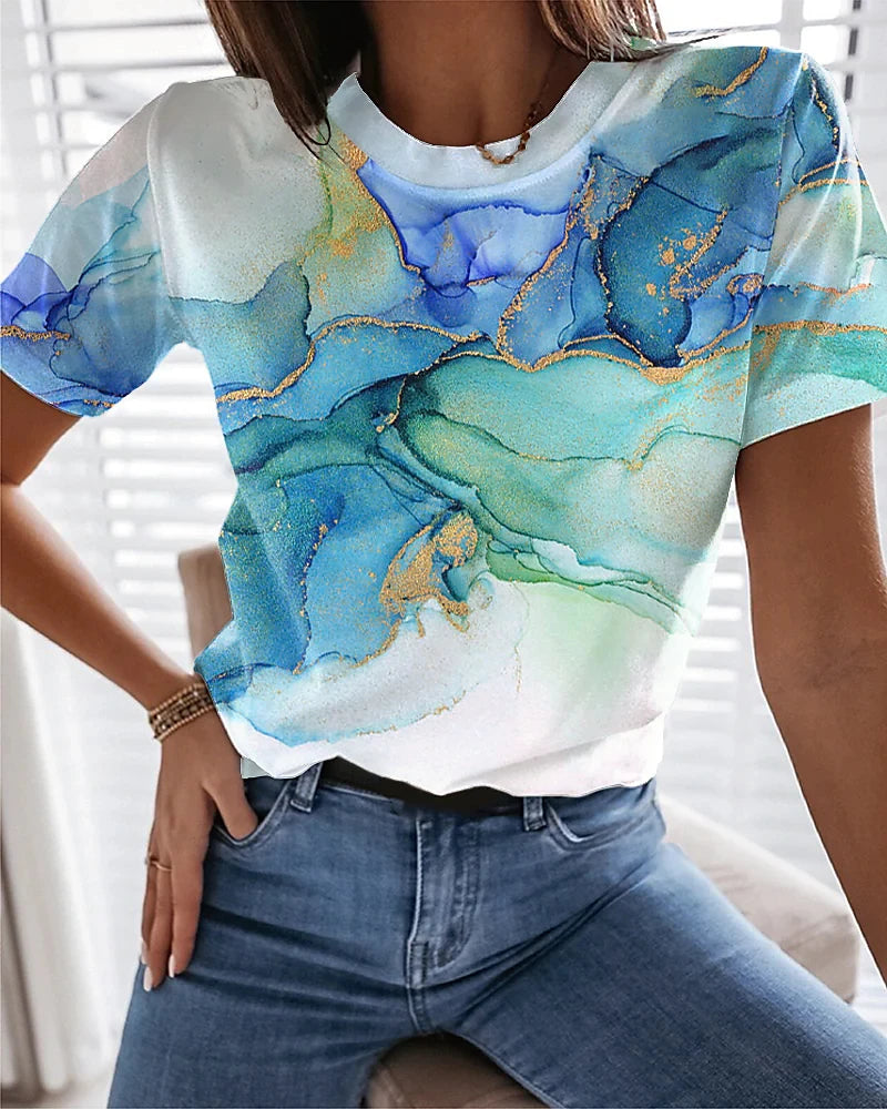 Elegant  women t-shirt summer short-sleeved t-shirt women loose temperament printed top women