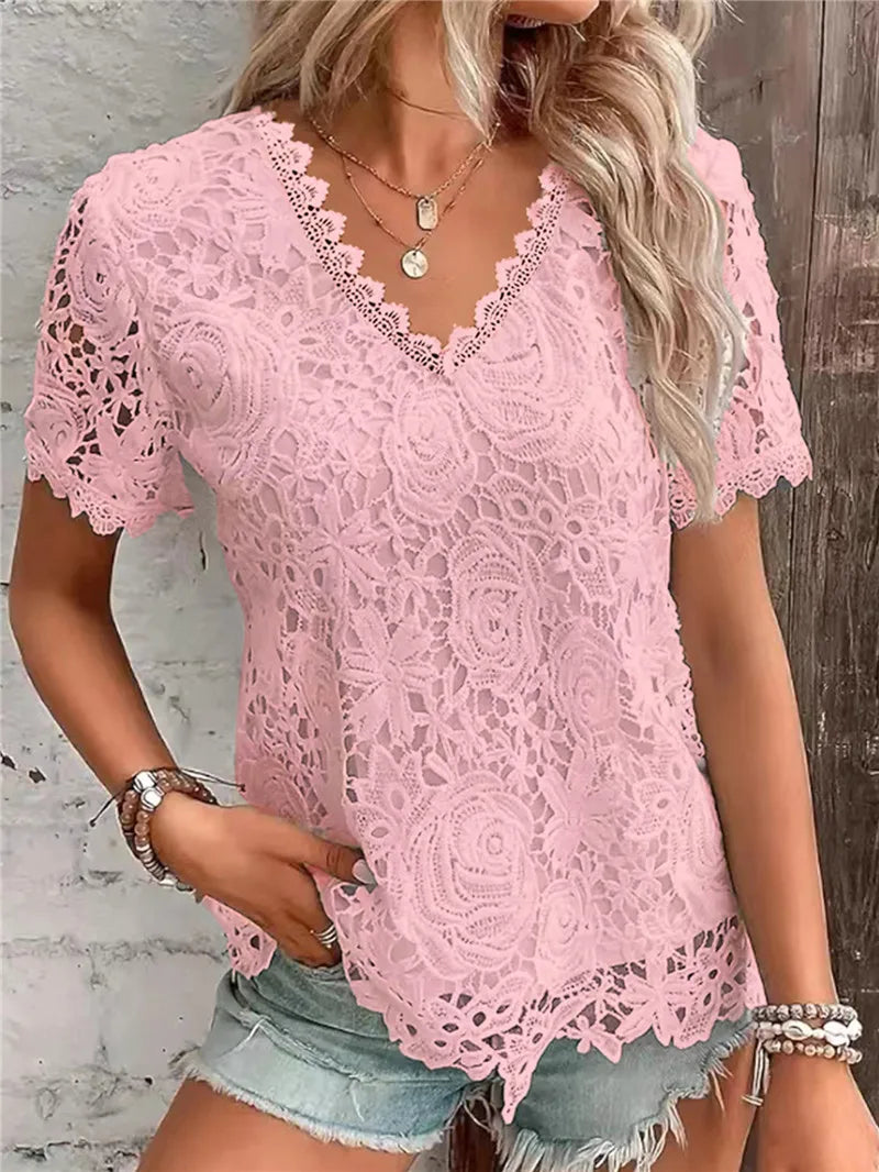 Elegant Women's Tops Lace White Shirt 2025 New Spring Summer V-neck Short Sleeve Slim Blouses Solid Office Ladies Casual Shirts