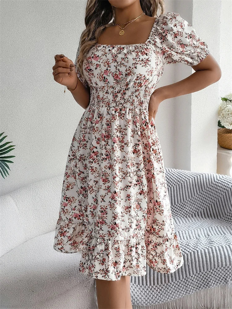 Msfilia Leisure Square Collar Spring Summer Dress Women Short Sleeve Loose Waist Design Lotus Leaf A-shaped Print Dress