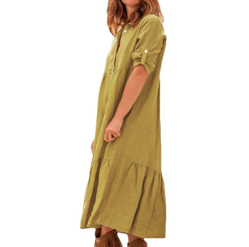 Women's New Cotton And Linen Mid Length Irregular Dress Autumn Loose Twist Button V-neck Half Sleeve Pullover Casual Dress Robe