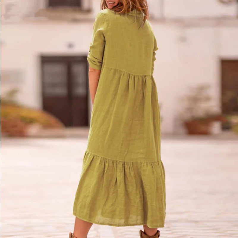 Women's New Cotton And Linen Mid Length Irregular Dress Autumn Loose Twist Button V-neck Half Sleeve Pullover Casual Dress Robe