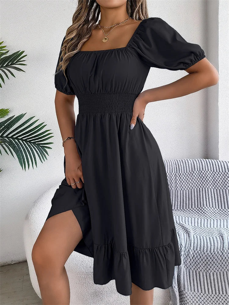 Msfilia Leisure Square Collar Spring Summer Dress Women Short Sleeve Loose Waist Design Lotus Leaf A-shaped Print Dress