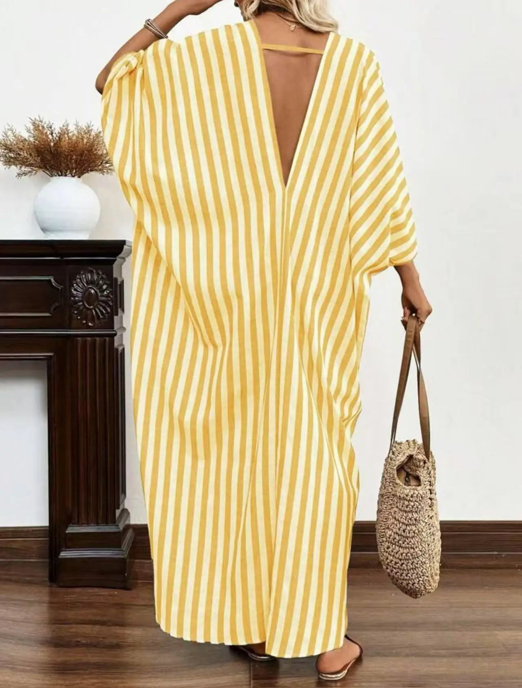 Casual Oversized Women's Dress, 2025 Summer New Sexy Deep V-neck Loose Striped Print Long Women's Dress Beach Vacation Sundress