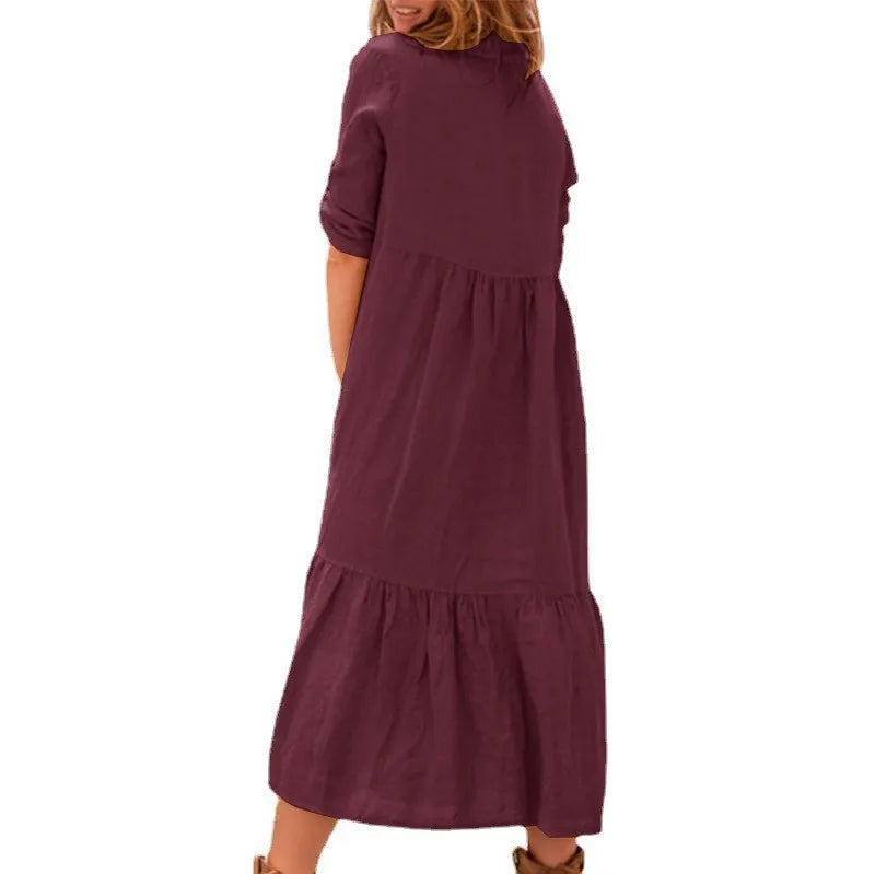 Women's New Cotton And Linen Mid Length Irregular Dress Autumn Loose Twist Button V-neck Half Sleeve Pullover Casual Dress Robe