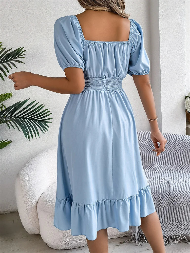 Msfilia Leisure Square Collar Spring Summer Dress Women Short Sleeve Loose Waist Design Lotus Leaf A-shaped Print Dress