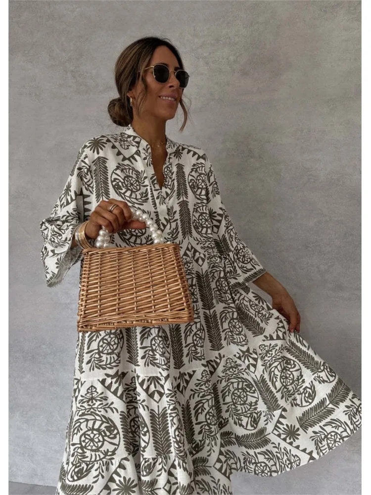 Casual Bohemian Style Print Midi Dresses Women Fashion V-neck 3/4 Sleeve Loose Shirt Dress Summer Female Beach Dress Vestidos