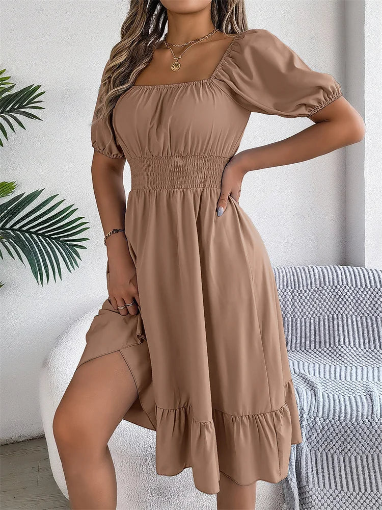 Msfilia Leisure Square Collar Spring Summer Dress Women Short Sleeve Loose Waist Design Lotus Leaf A-shaped Print Dress