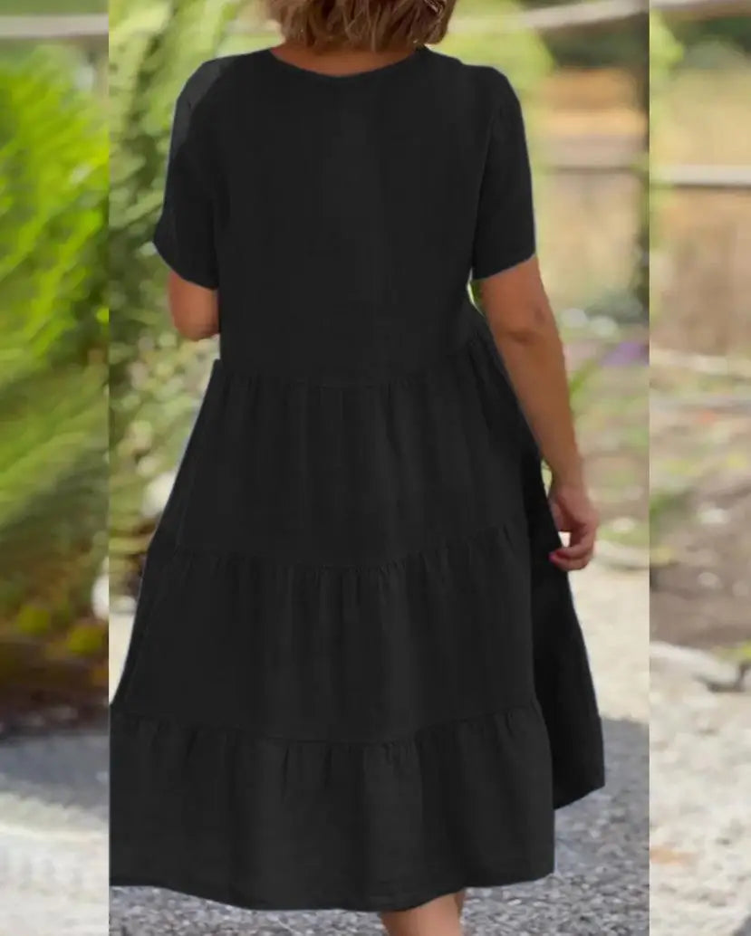 Cotton Linen Casual Women's Dresses 2025 Spring/Summer Sweet  Short Sleeve Solid V-neck Large Swing Loose Dress  S-5XL