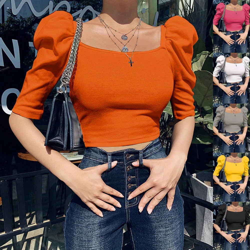 Sexy Puff Sleeve Bare Midriff Thread Knitted T Shirt Women Half Sleeves Bottoming Shirt Ladies Tee Shirt Tops Camisetas Mujer