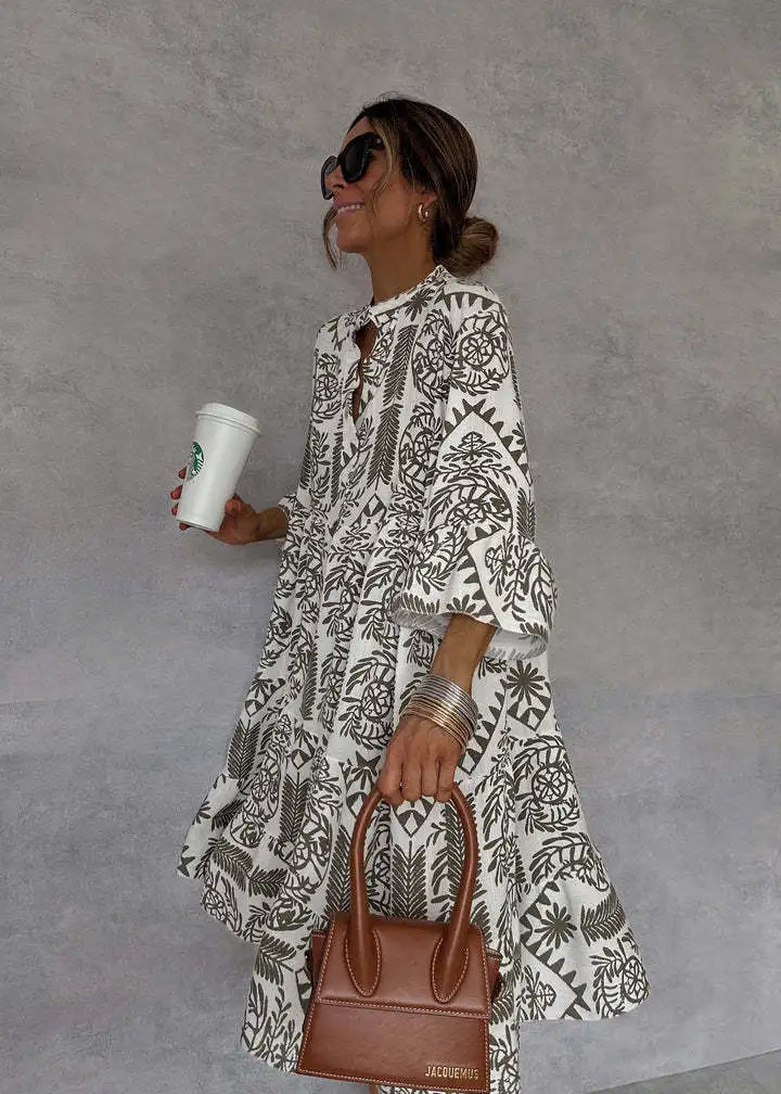Casual Bohemian Style Print Midi Dresses Women Fashion V-neck 3/4 Sleeve Loose Shirt Dress Summer Female Beach Dress Vestidos