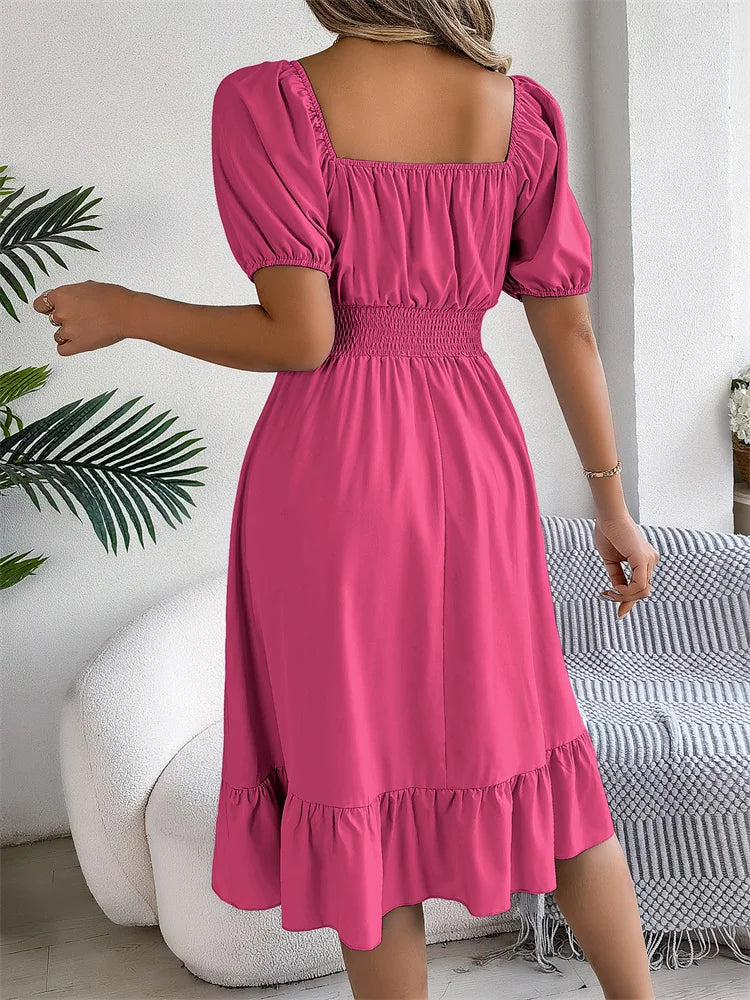 Msfilia Leisure Square Collar Spring Summer Dress Women Short Sleeve Loose Waist Design Lotus Leaf A-shaped Print Dress