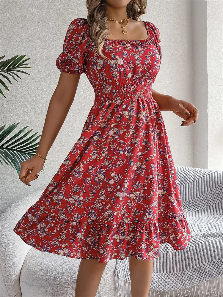 Msfilia Leisure Square Collar Spring Summer Dress Women Short Sleeve Loose Waist Design Lotus Leaf A-shaped Print Dress