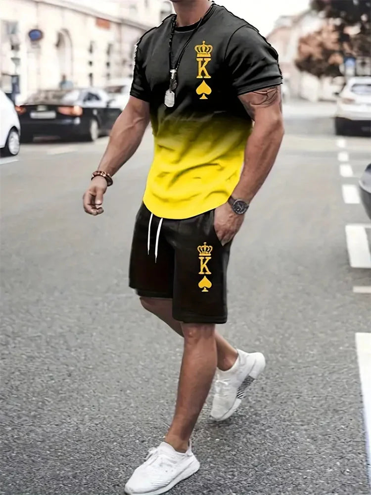 New Summer Men's Casual Suit Oversized Two-Piece Simple Casual Streetwear King Print Beach Suit Men's T-Shirt Shorts Sportswear