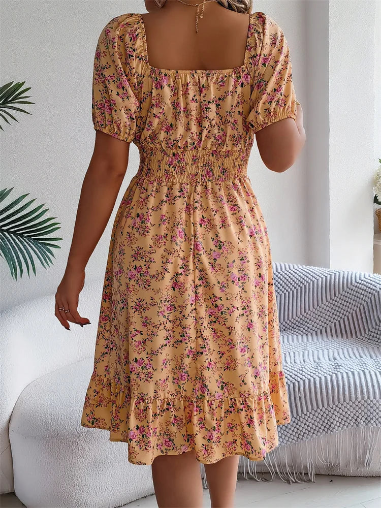 Msfilia Leisure Square Collar Spring Summer Dress Women Short Sleeve Loose Waist Design Lotus Leaf A-shaped Print Dress