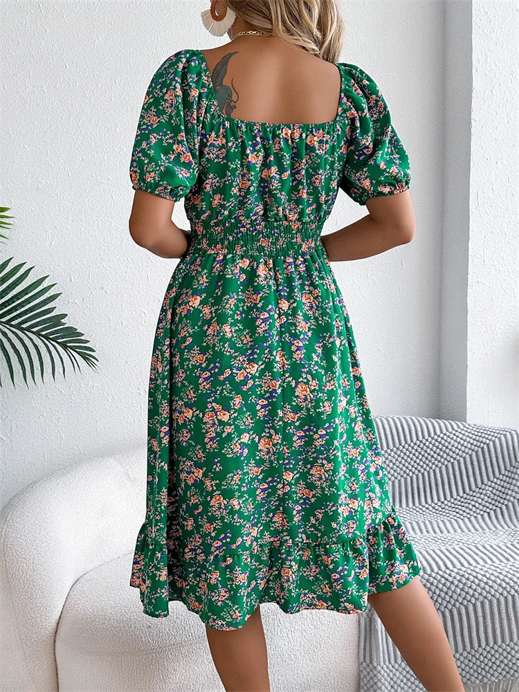 Msfilia Leisure Square Collar Spring Summer Dress Women Short Sleeve Loose Waist Design Lotus Leaf A-shaped Print Dress