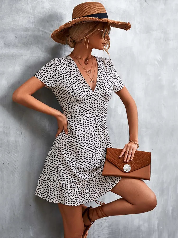 Summer Short Boho Dress Women V Neck Print Floral Party Dress Ladies Bohemian Flower Mini Dress For Women
