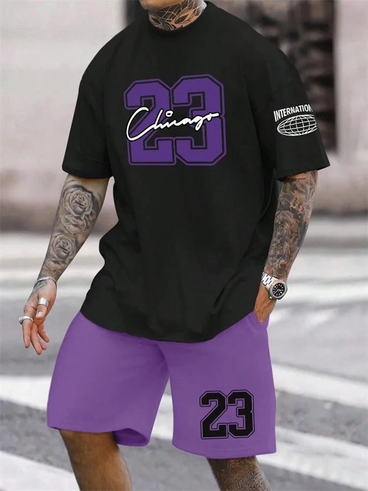 Summer Men's Short Sleeve T-shirt Shorts 2-piece Set Plus Size T Shirt Clothing O-neck T-shirts Side Pocket Elastic Waist Shorts