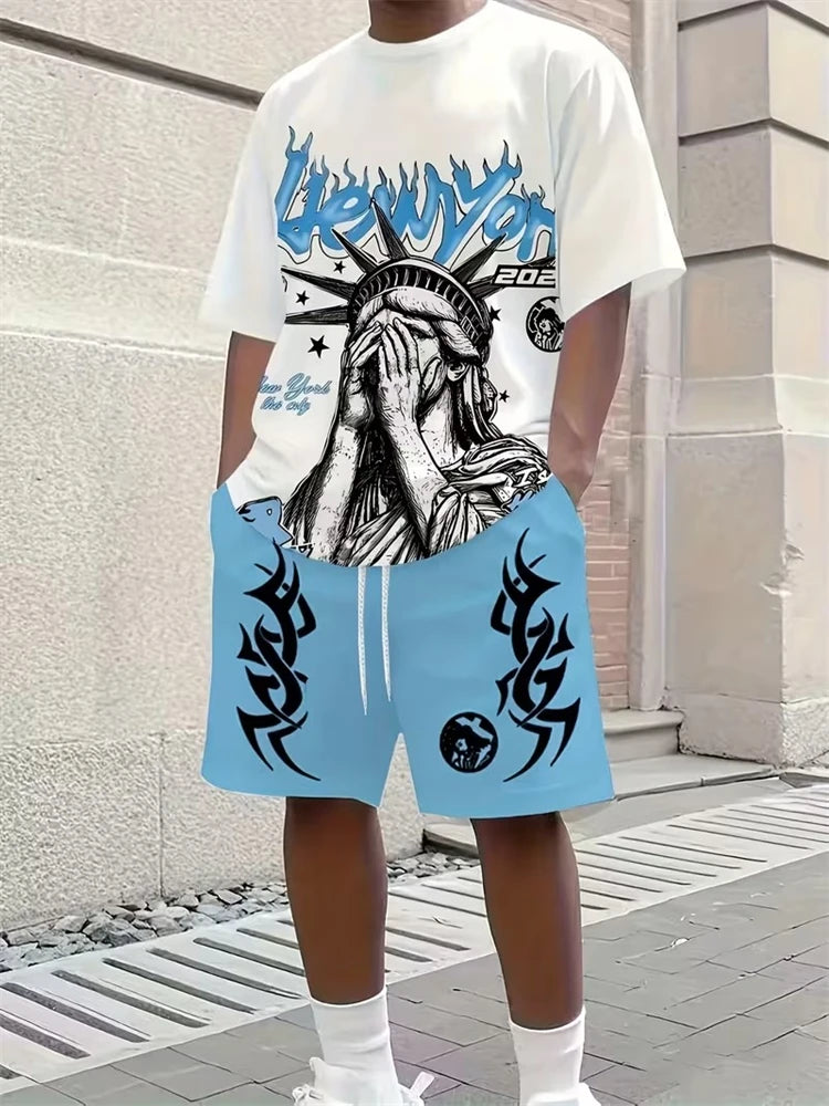 Cool And Trendy 3D Printed Men's Casual Short-sleeved Suit With Riding Style, New Men's Round-neck Short-sleeved Top And Shorts