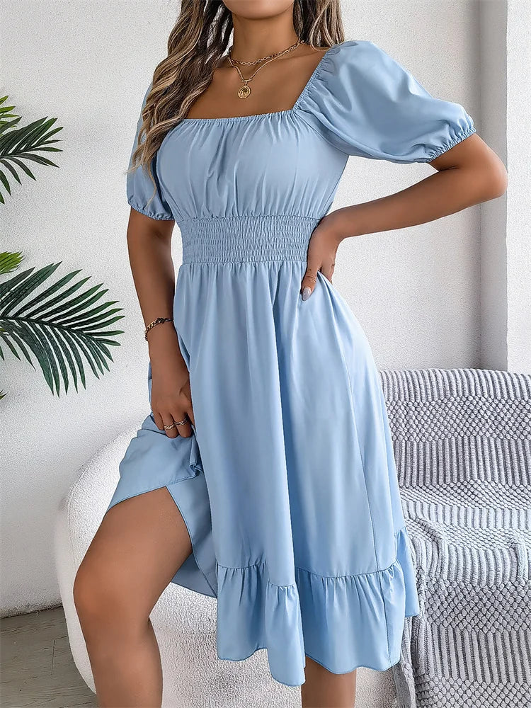 Msfilia Leisure Square Collar Spring Summer Dress Women Short Sleeve Loose Waist Design Lotus Leaf A-shaped Print Dress