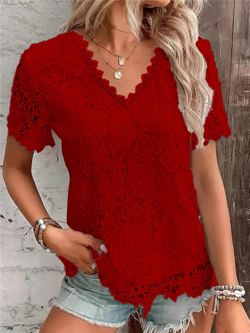 Elegant Women's Tops Lace White Shirt 2025 New Spring Summer V-neck Short Sleeve Slim Blouses Solid Office Ladies Casual Shirts