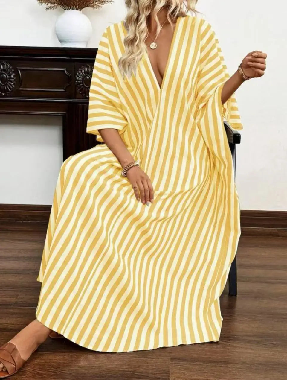 Casual Oversized Women's Dress, 2025 Summer New Sexy Deep V-neck Loose Striped Print Long Women's Dress Beach Vacation Sundress