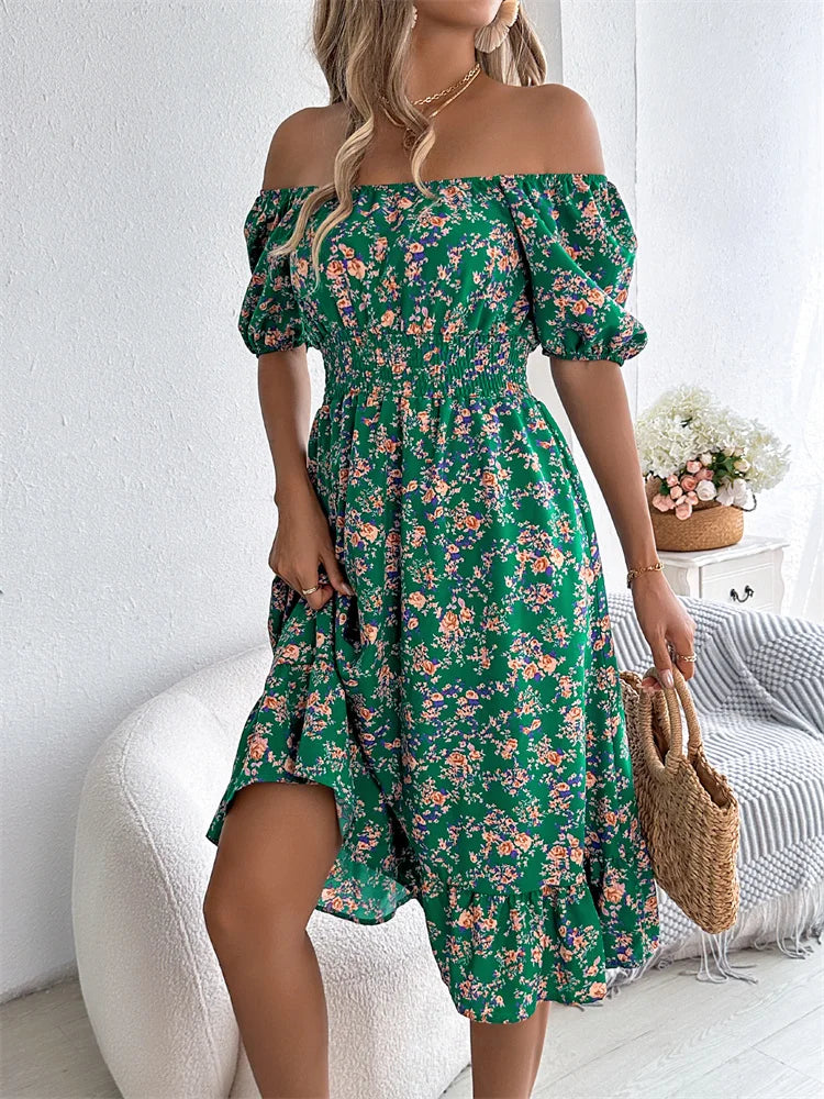 Msfilia Leisure Square Collar Spring Summer Dress Women Short Sleeve Loose Waist Design Lotus Leaf A-shaped Print Dress